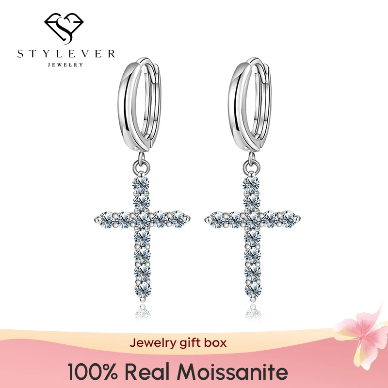 Stylever 2mm Round Cut D Moissanite Cross Earrings for Women 925 Sterling Silver Christian Diamond Eternity Wedding Fine Jewelry