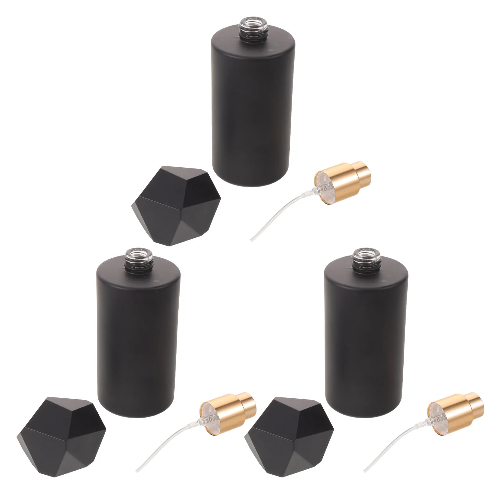 3個入り-ガラス製香水スプレーボトル-50ml-リフィル可能-フロスト加工-アトマイザーボトル-黒色-幾何学模様のキャップ付き-持ち運び可能-漏れ防止-旅行用-ミニボトル