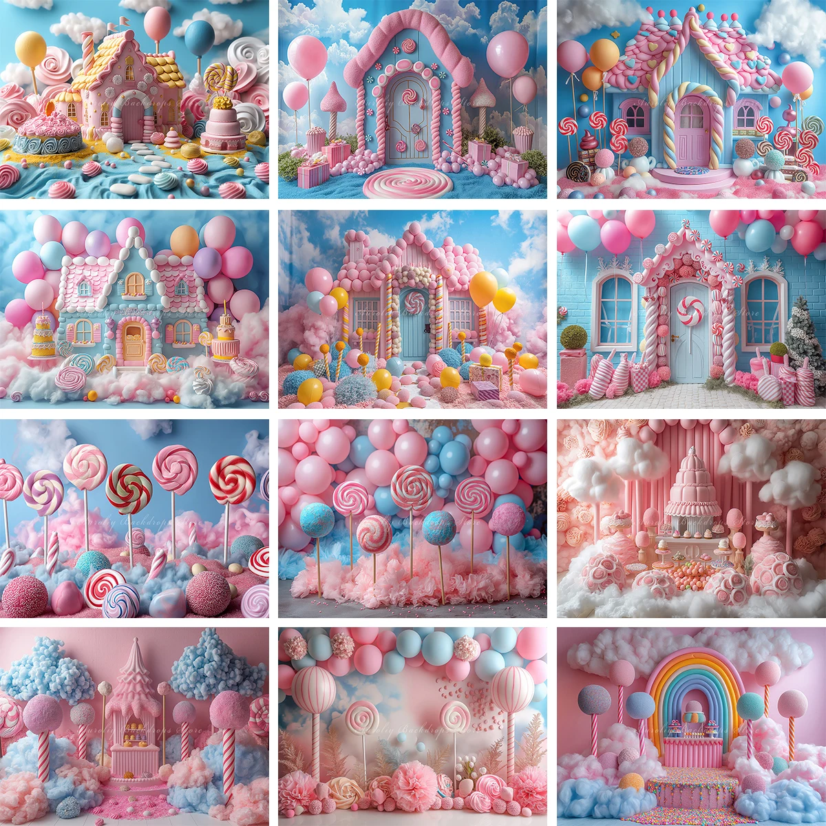 

Colorful Candy House Photography Backdrop Kids Baby Girls Cake Smash Photocall Decors Lollipops Balloons Child Adult Backgrounds