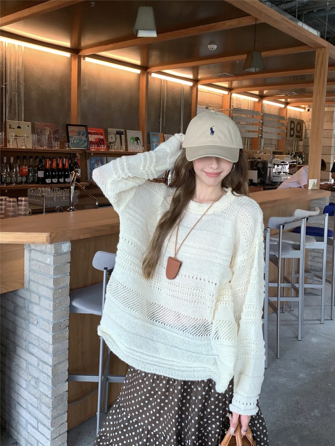 

Women's round Neck Long Sleeve Knitted Sweater Hollow out Embroidery Soft Loose Style Korean Fashion Spring New Arrival