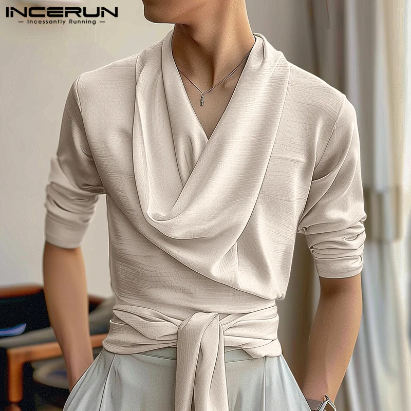 INCERUN Tops 2024 American Style Fashion Men\'s Swing Neck Design Strap Shirts Casual Hot Selling Solid Long Sleeved Blouse S-5XL