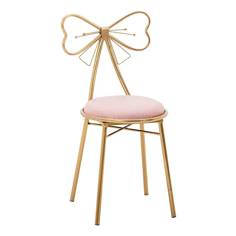 Nordic Princess Backrest Makeup Chair Gold Iron Leg Bow Tie Barstool With Seat Cushion Salon Spa Cafe Pub Kitchen Dressing Chair