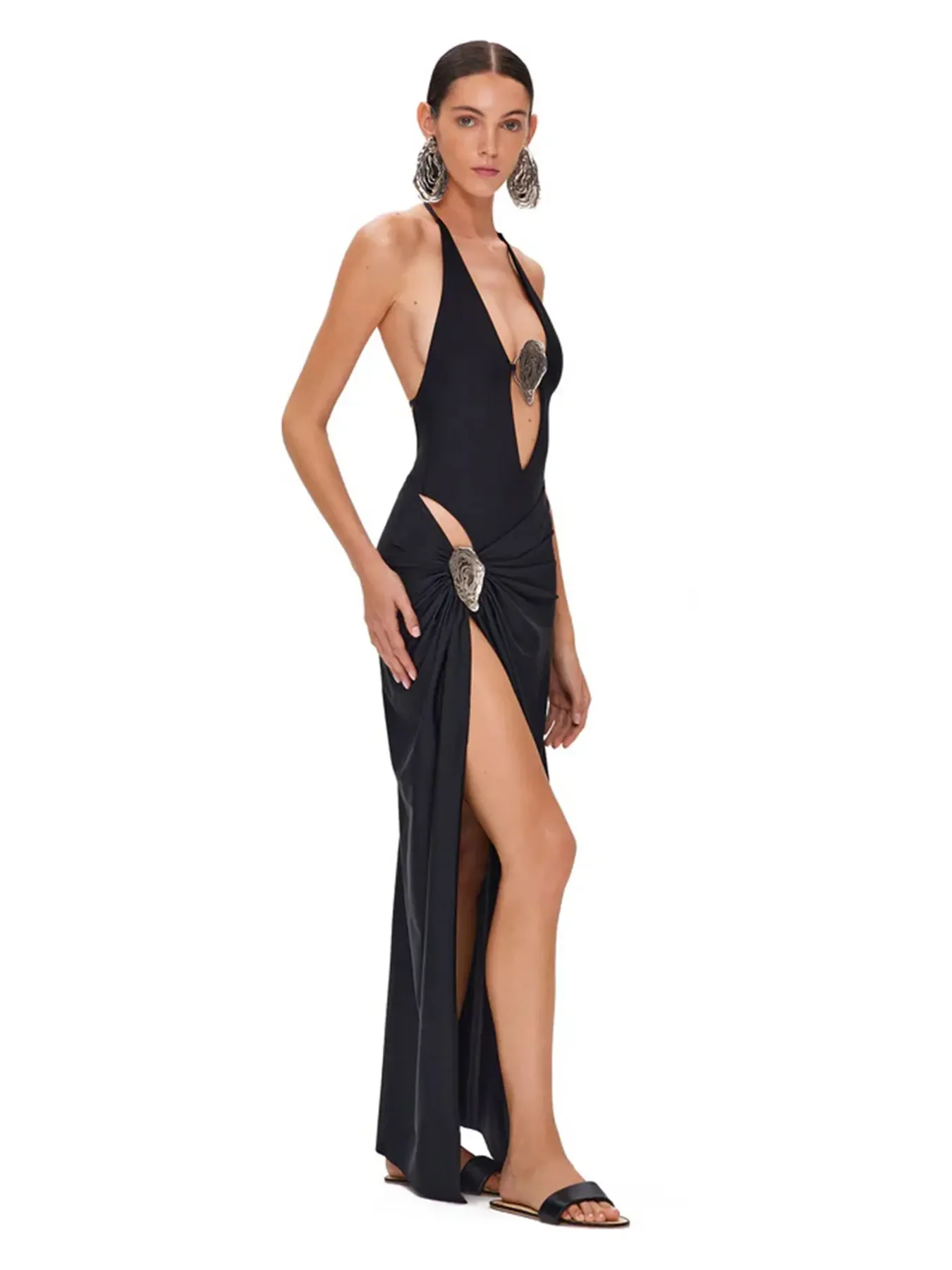 Sexy branco profundo decote em v halter maiô de uma peça com fenda alta e detalhes dourados perfeito para festas noturnas maiô feminino