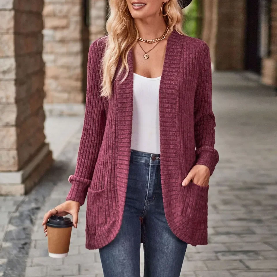 

Women's Loose Crochet Sweater Coats Front Open Solid Color Long Sleeve Cardigan Casual Knit Cardigan With Pockets