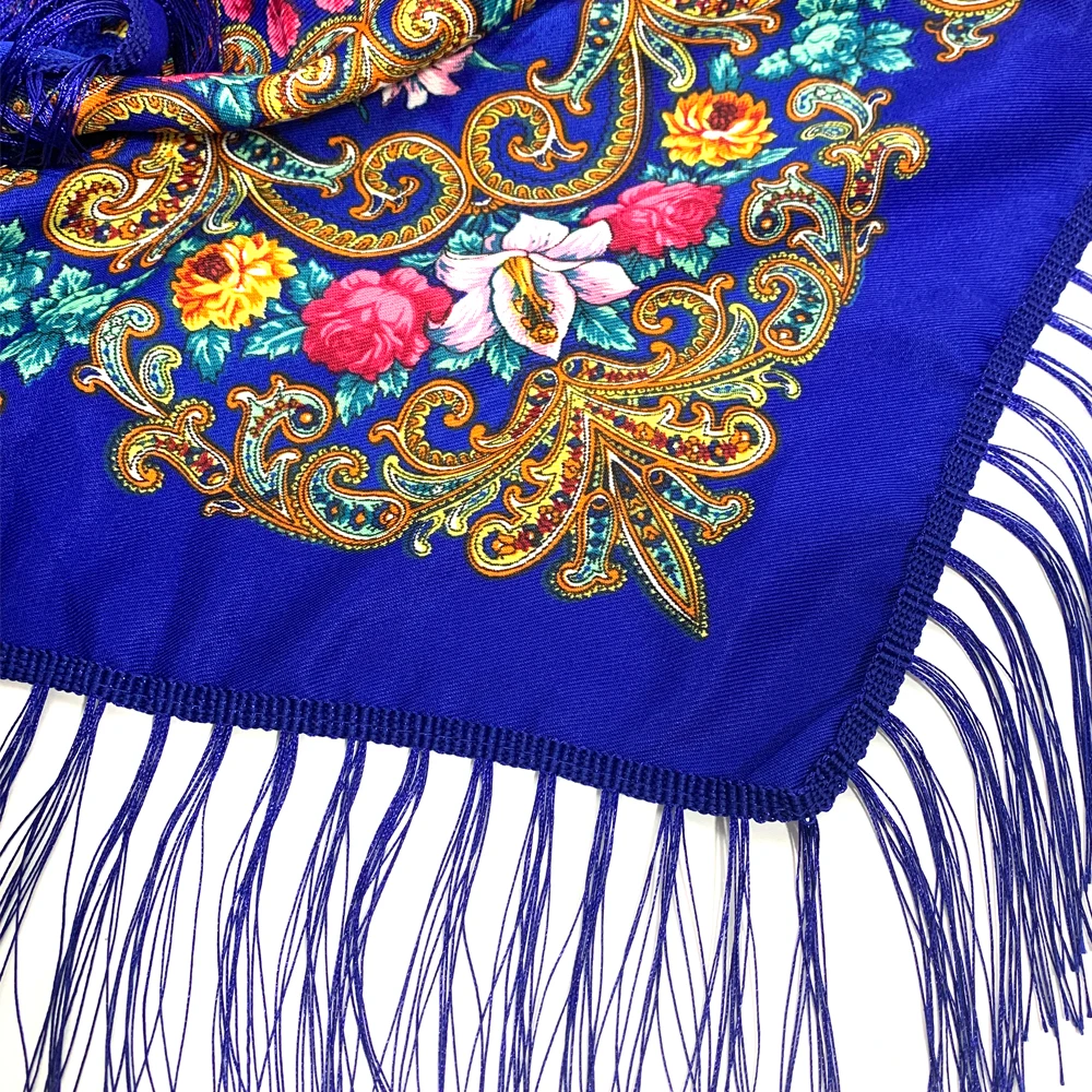 Russian Style Floral Print Square Scarf Women Ethnic Fringed Bandana Shawl Babushka Handkerchief Female Blanket Head Wraps