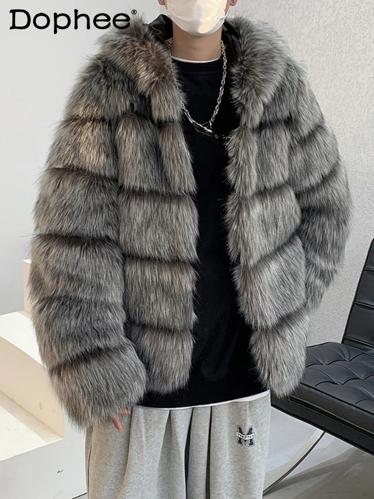 

2024 Winter New High-end Imitation Fur Striped Cotton-padded Coats Men's Fashion Trendy High Street Cotton Warm Faux Fur Jackets