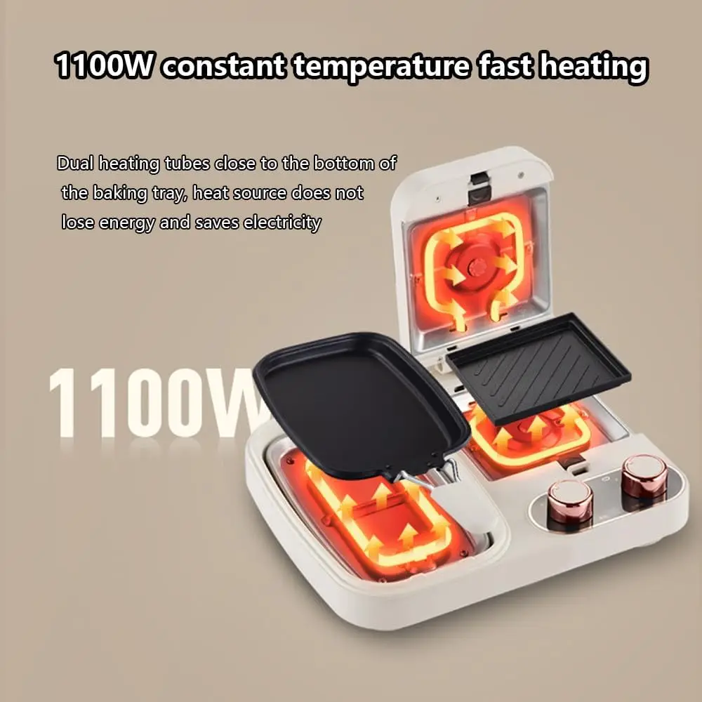 ماكينة إفطار متعددة الوظائف، طهي سريع 1100 وات، مع مقلاة، وعاء طهي، طبق ساندويتش، تحكم بزر مزدوج، تلقائي