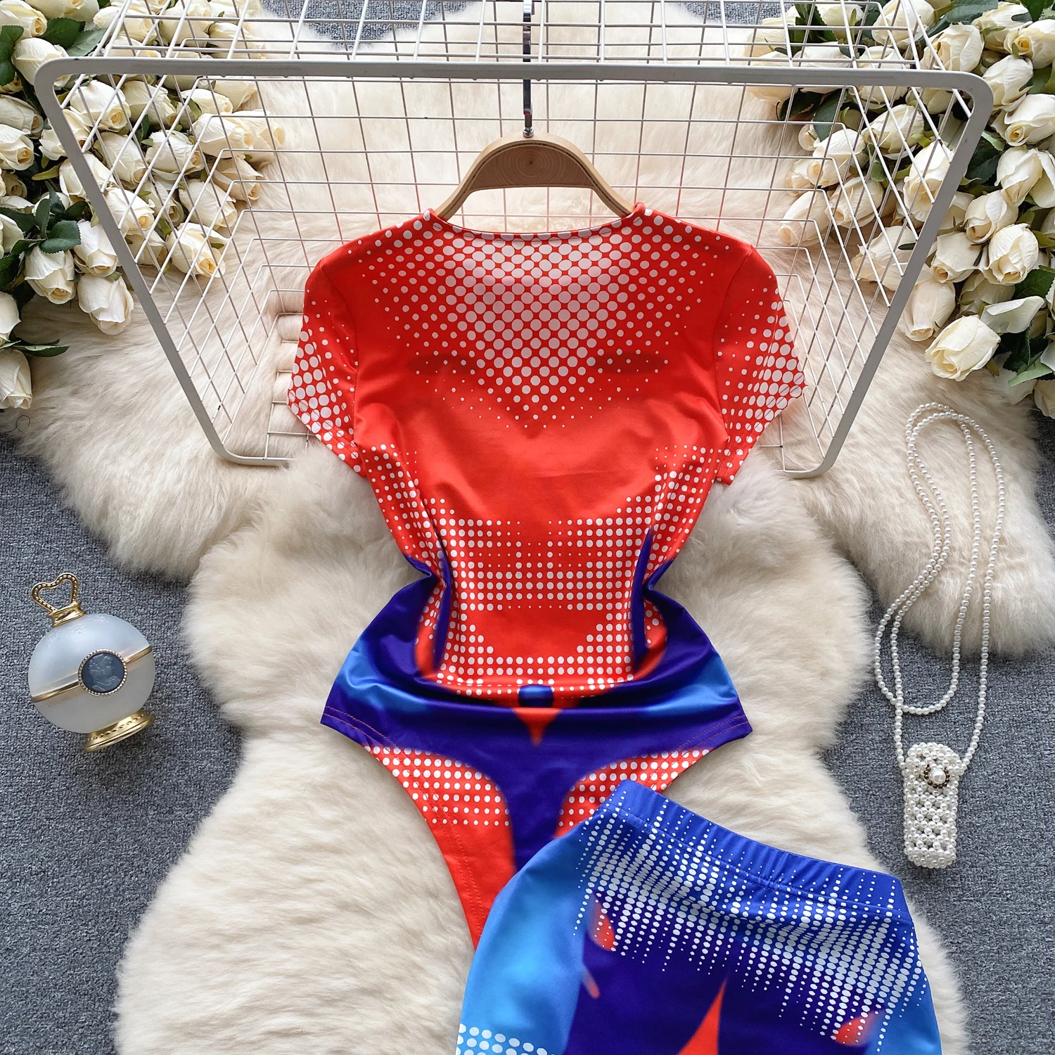 女性用ツーピースパッチワークプリントセット,半袖,ラウンドネック,伸縮性ウエスト,レトロファッション,y2k