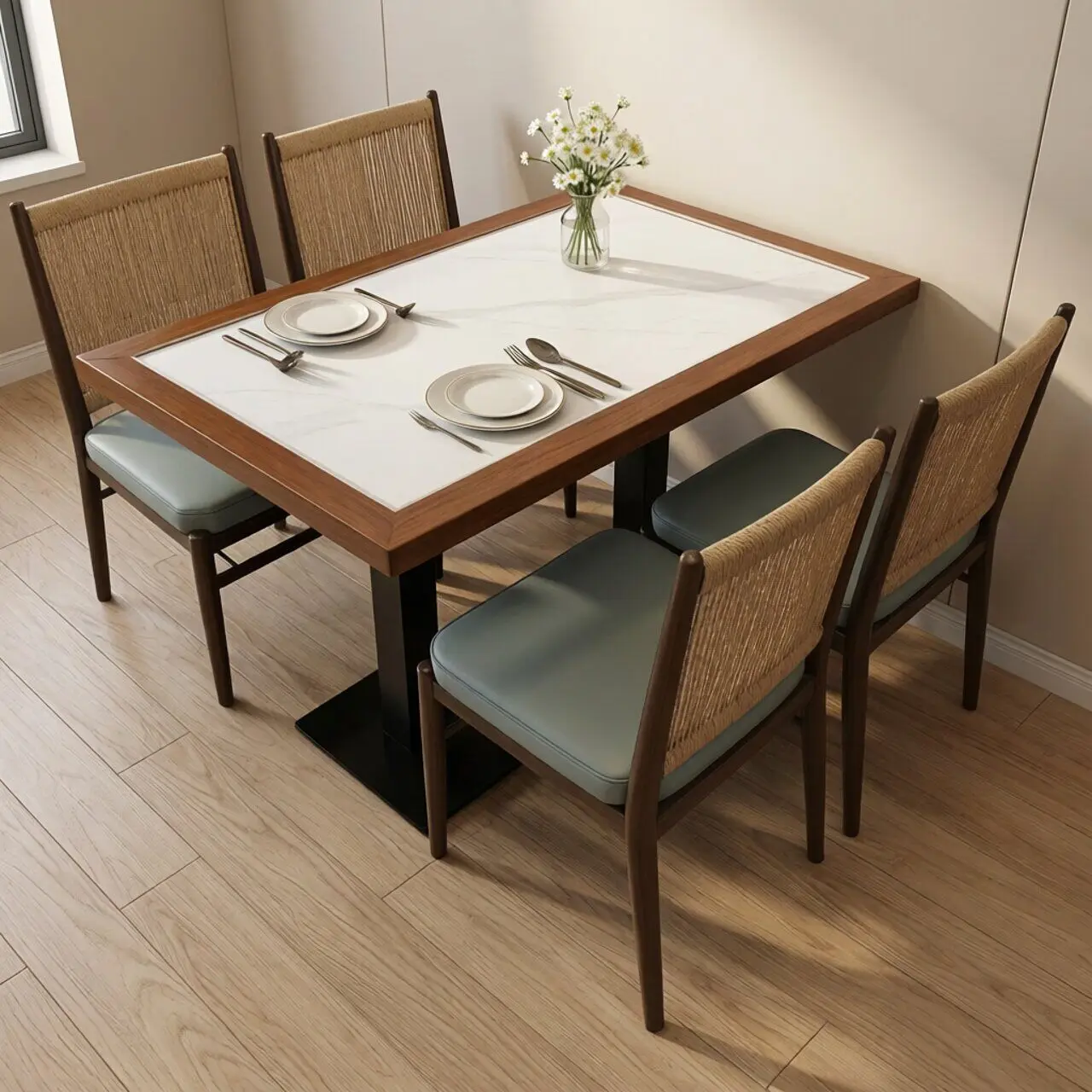 Mountain wind solid wood rock slab hot pot table induction cooker integrated marble restaurant table and chairs commercial