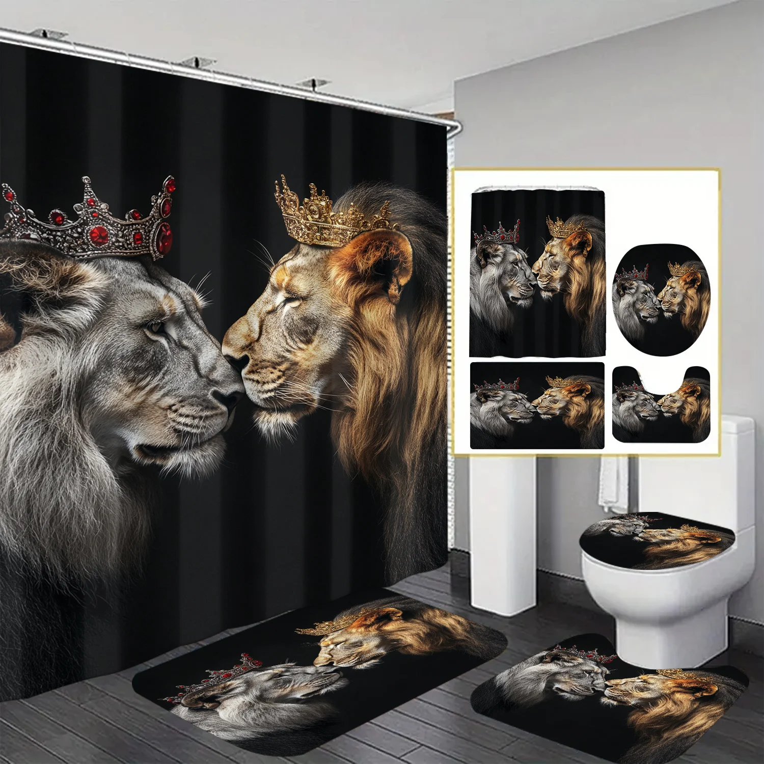 

Lion Theme Shower Curtain 12 Hooks Suitable for Room Home Hotel Machine Washable Window Curtains Bathroom 4pcs
