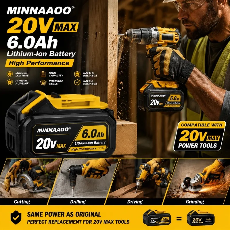 FOR Dewalt 20V Tools Battery 6.0Ah Lithium Ion Rechargeable Battery Pack High Capacity Replacement Battery