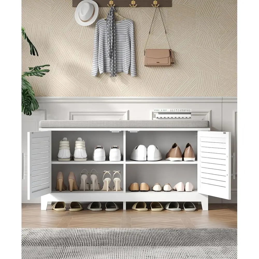 White 2-Tier Entryway Shoe Storage Bench with Cushion & Adjustable Shelf, 39.4 Wide