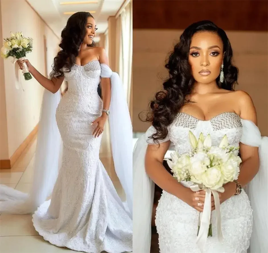 

Customized Mermaid Wedding Dresses Beaded Sweetheart Neckline Sweep Train Designer Custom Made Arabic Castle Wedding Gown Vestid