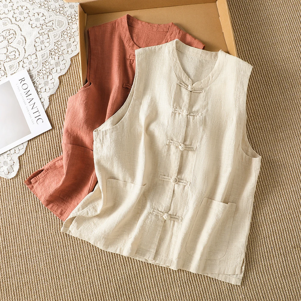 New Chinese Style Retro Button Vest Women's New Model Stand Collar National Style Open Cardigan Loose Outerwear Top