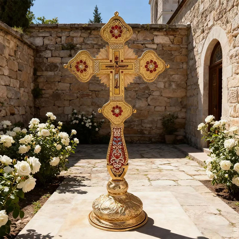 Vergoldetes Orthodoxes Standkreuz mit Emaille- und Kristalleinlage und Kruzifix-Ikone, Hochwertiges Kirchenaltar-Kreuz für Liturgie und spirituelle Zwecke – Detail 10