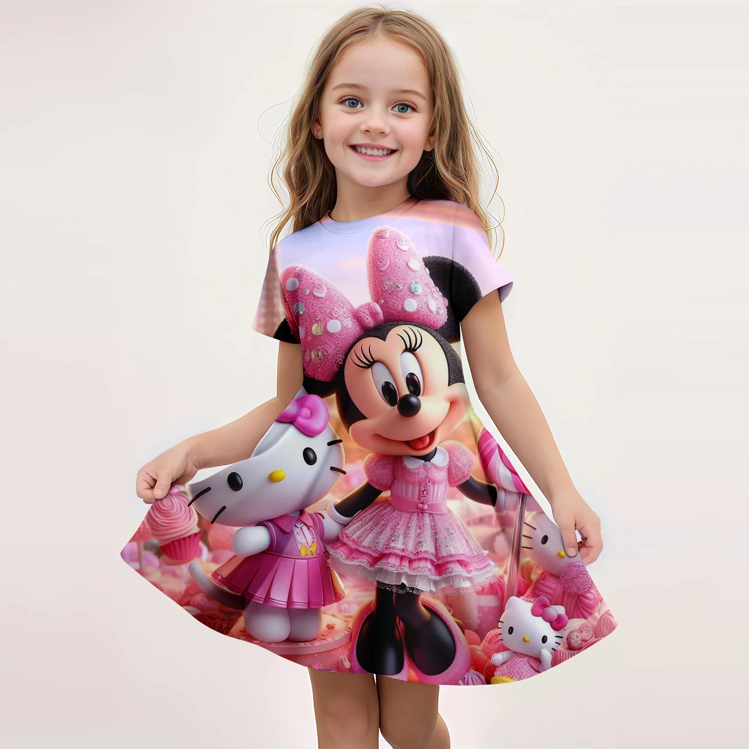 MINISO New Summer Girls Printed Minnie Mouse Dress Christmas Party Fashion Dresses Birthday Gifts Girls Kids Cospaly Clothing
