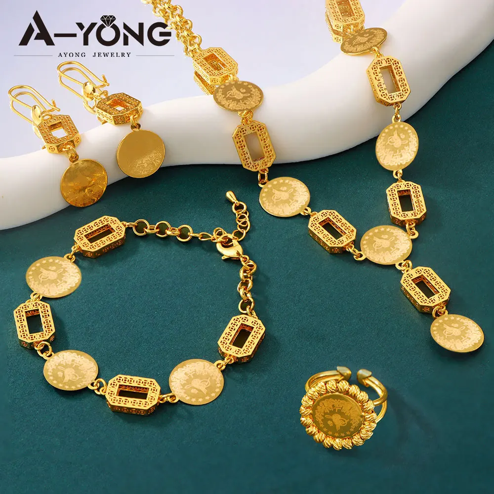 

Турецкие винтажные монеты, комплект ювелирных изделий, 21-каратное позолоченное арабское мусульманское свадебное ожерелье, браслет, серьги, кольцо, марокканские украшения