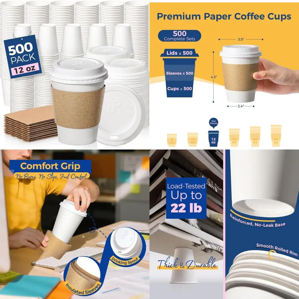 

Reusable 12 oz Leak-Proof Coffee Cups with Lids, 500 Pack Disposable Cups for Hot Drinks, Portable To-Go Coffee Cups, Durable Pa