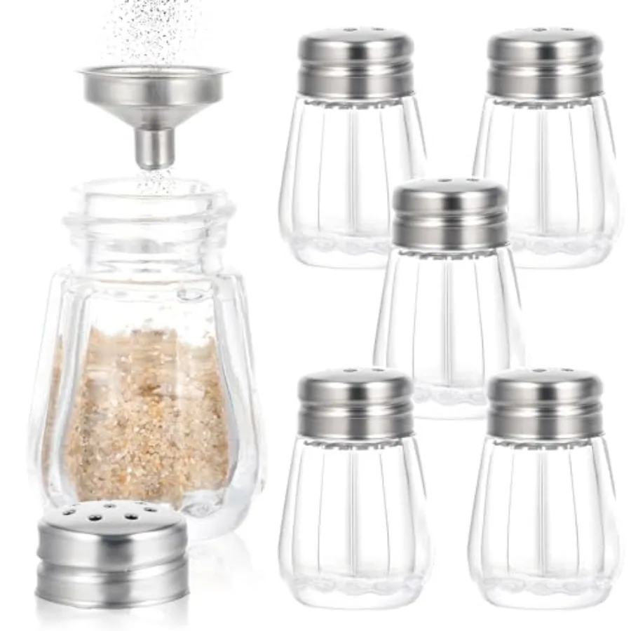 

6 Pcs Mini Salt and Pepper Shakers Glass Salt and Pepper Shakers with Stainless Lids Tops and1 Stainless Mini Fels for Kitchen