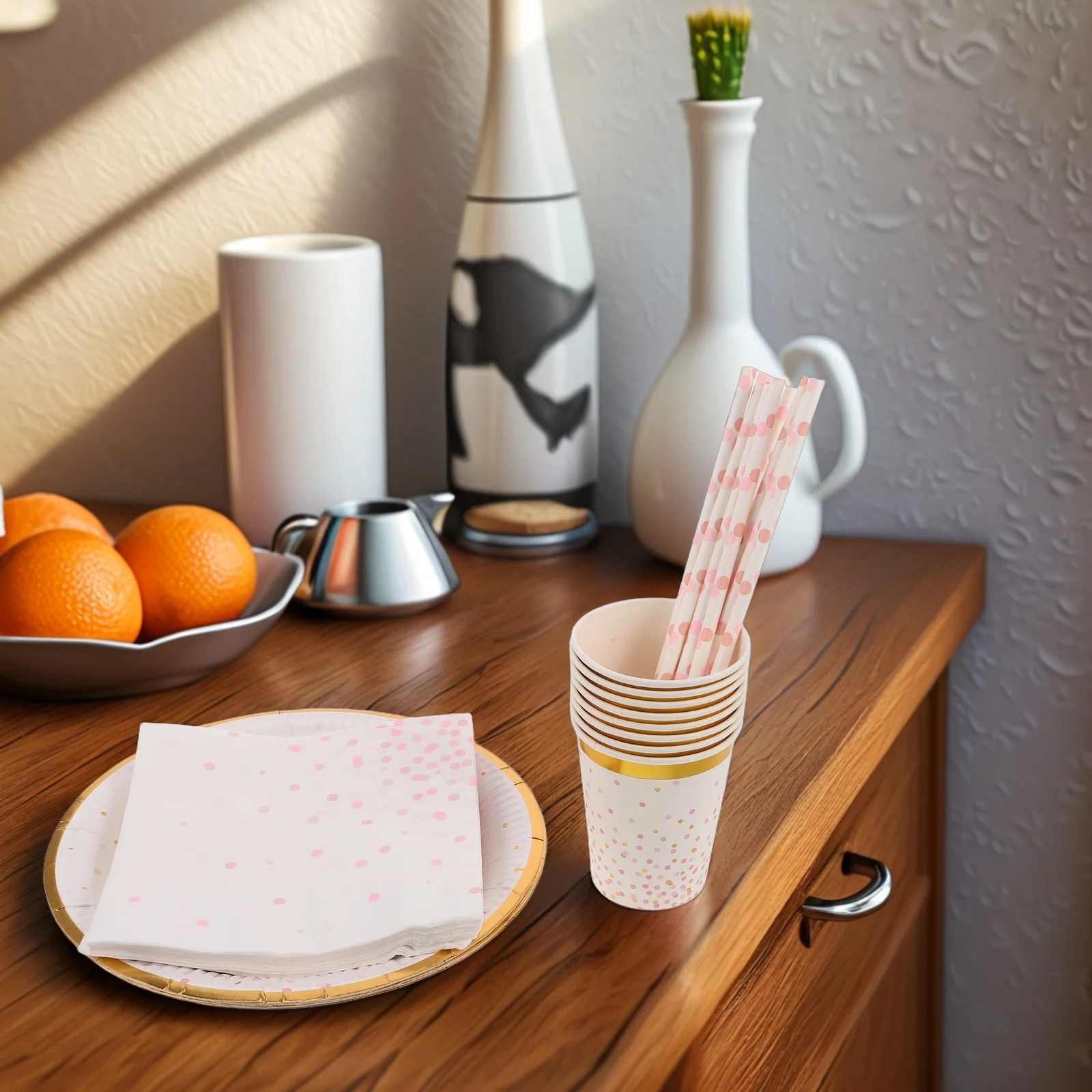 

44 pcs Disposable Tableware Set Birthday Paper Plates Cutlery Kids Party Baby Shower Pink Dot Design Convenience Time