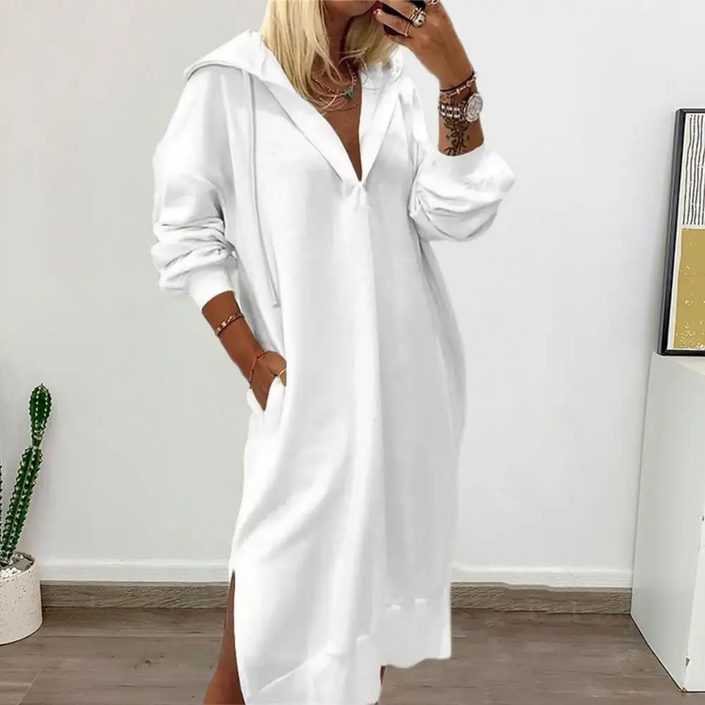 

Women Dress with Hood Cozy Hooded Knit Dress with Side Split Pockets for Women Fall Winter Midi Dress for Wear Casual V-neck