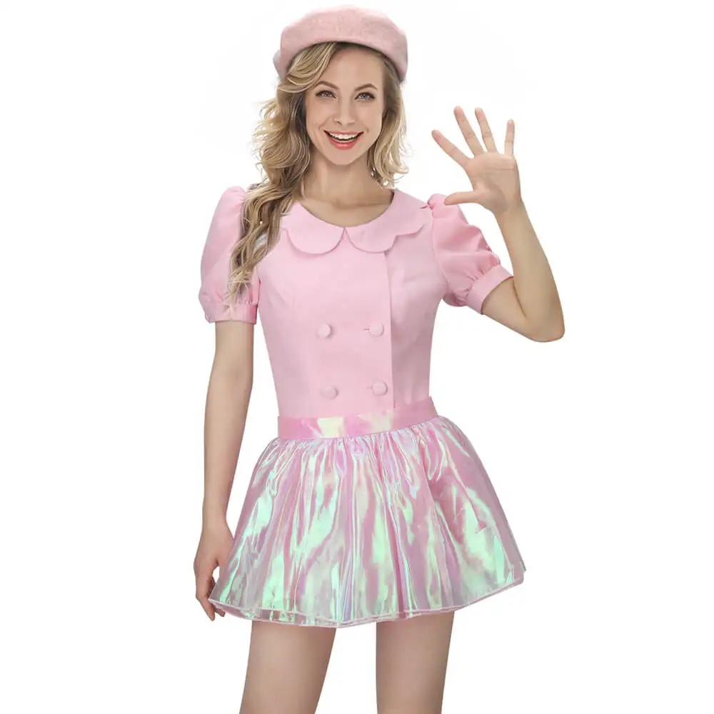 

Women's Pink Escape Cosplay Costume Halloween Outfits Movie Doll Margot Robbie's Shirt Skirt Hat Headwear