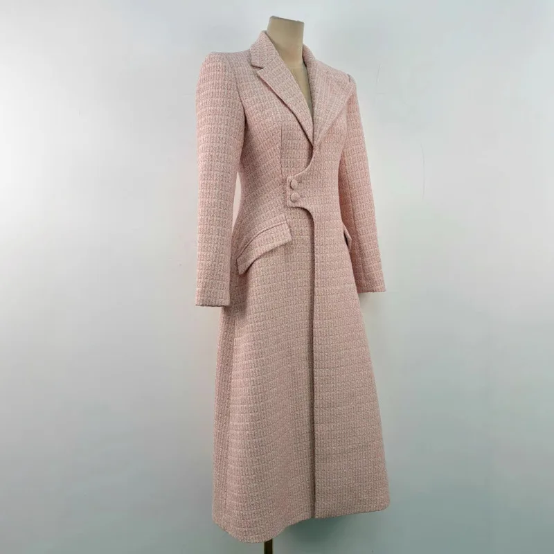 QMQA moda mujer elegante Rosa Tweed gabardina solapa manga larga adelgazante cintura alta rompevientos 2025 Ropa nueva 1A922