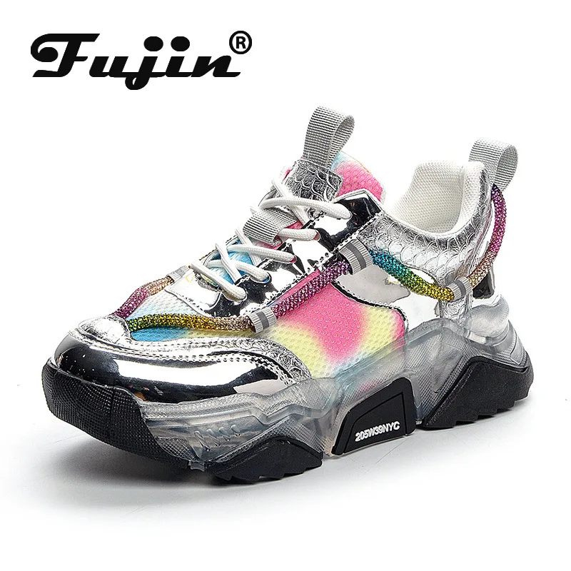 Fujin Genuine Leather Women Fashion Sneakers Chunky Shoes Breathable Comfortable Women Casual Shoes 4.5cm Platform Wegde Shoes