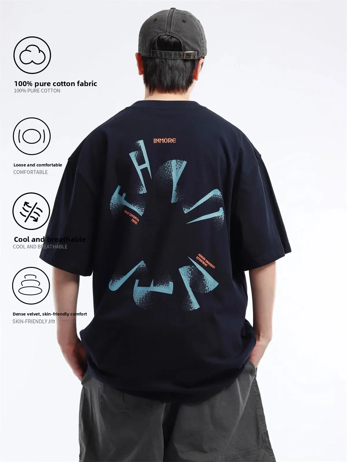 Heavyweight Double Weave Simple Letter Print round Neck Pure Cotton Short Sleeve T-Shirt Unisex Loose Couple Half Sleeve Summ...
