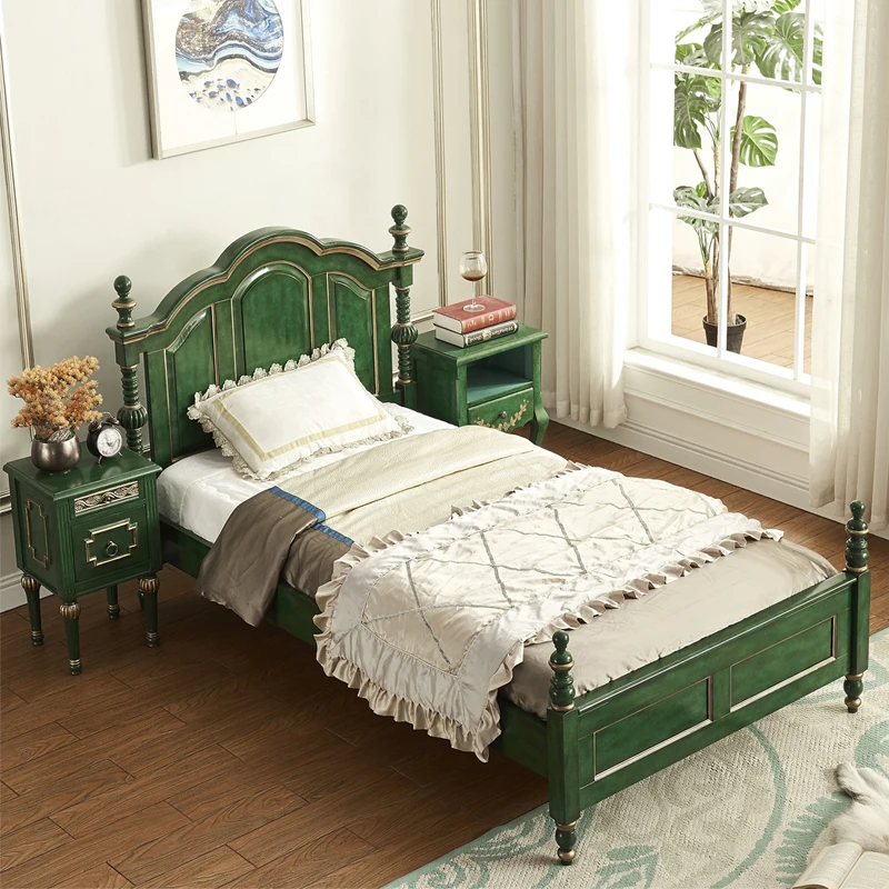 

Double Solid Wood Bed Retro Master room Large Single Nordic Light Luxury French Birch Backrest Pastoral & Breakfast