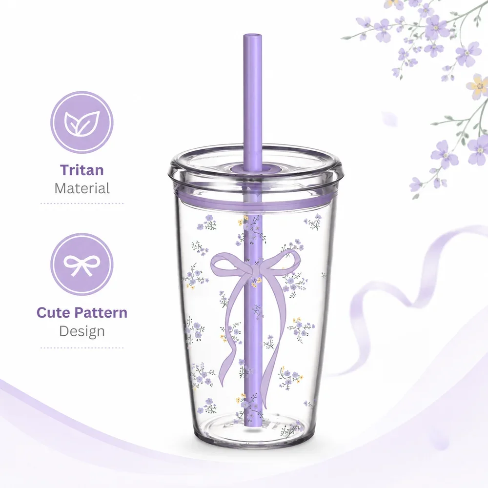 Kawaii Bowknot Water Bottle 16oz Cute Tritan Iced Coffee Tumbler With Straw Boba Tea Juice Matcha Resuable Clear Drinking Bottle