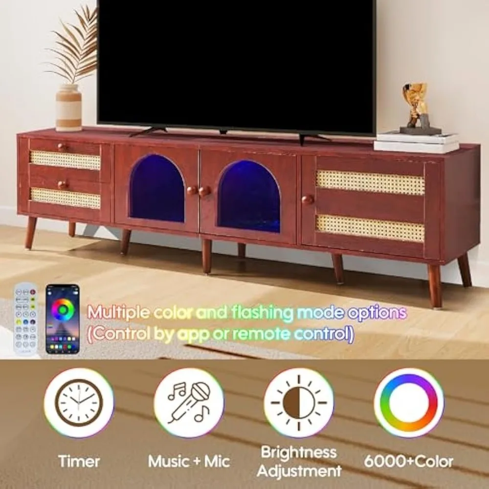 Meuble TV pour téléviseurs 80/75/70 pouces, supports TV modernes du milieu du siècle avec lumière LED, centre de divertissement avec rangement, supports TV en rotin