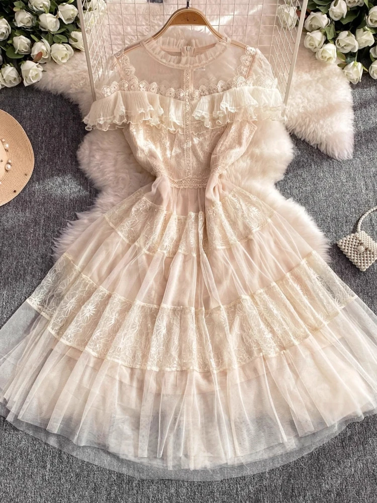 

French Elegant Dresses Lace Ruffles Patchwork Gauze Short Sleeve Solid Color Dress Summer Design Female Slim Women Clothing 2025