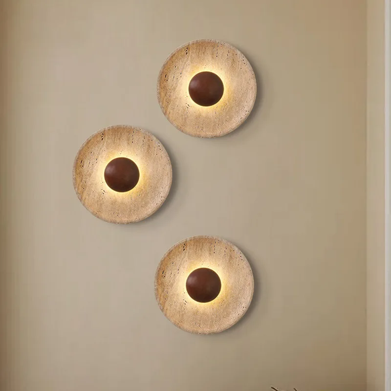 Japanese Wabi Sabi Natural Stone Wood Round LED Wall Lamp Atmosphere Lamp For Foyer Dining Room Bedroom Stairs Aisle 110-220V