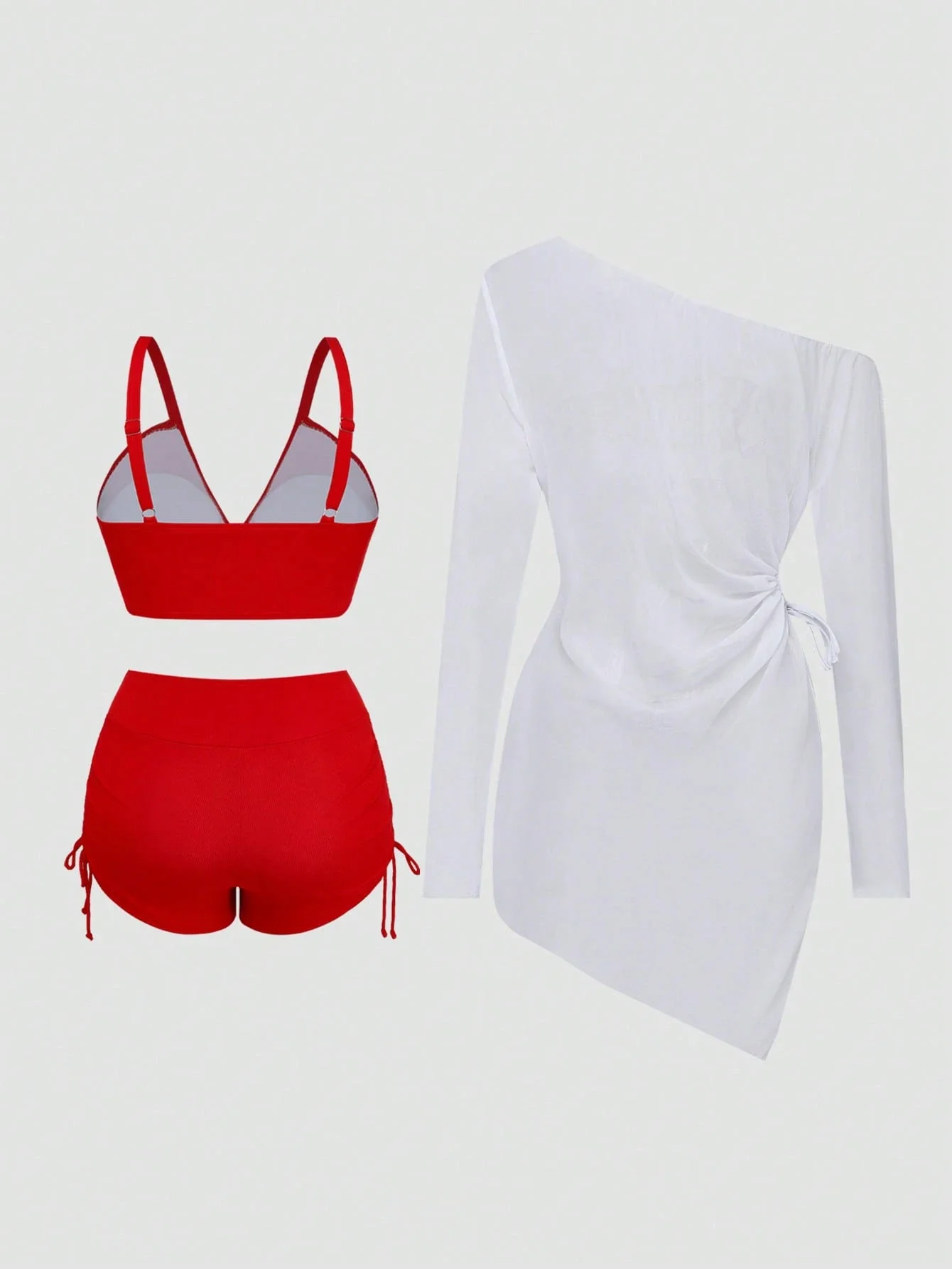

Red Ribbed Tie-Front Bikini Set With White Cherry Print Cover-Up