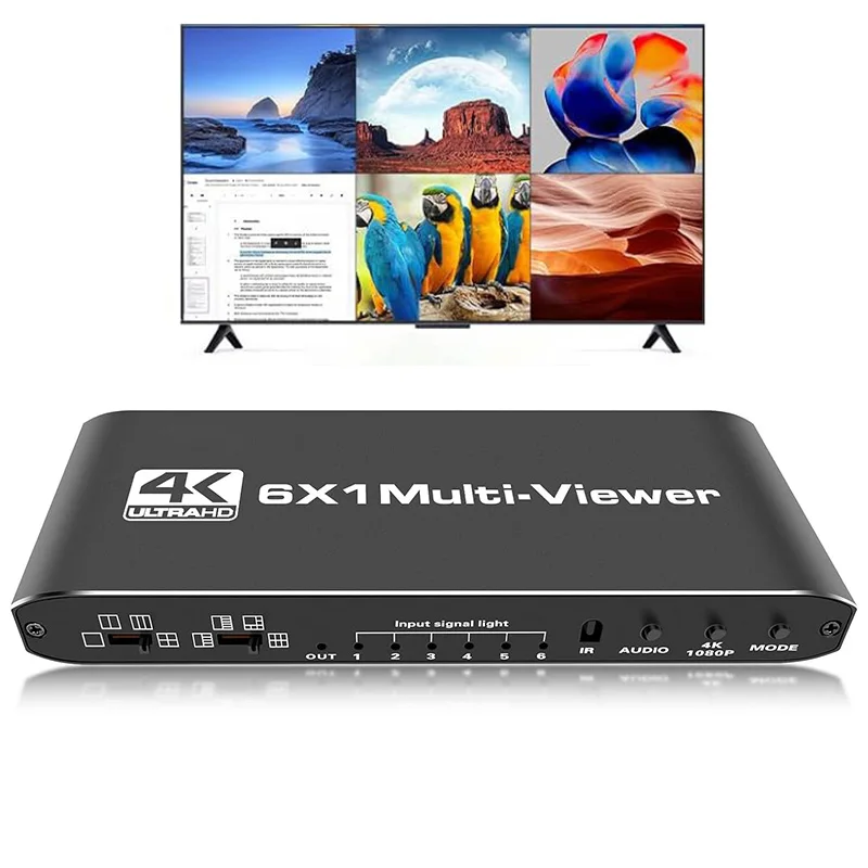 4K HDMI Multi-viewer 6 in 1 Out 1080P Video Viewer Seamless Switcher 6x1 with 9 Viewing Mode for 6 Source Displayed on 1 Monitor