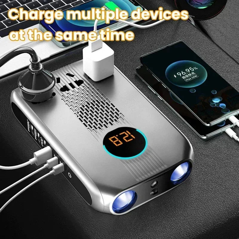 

All in One Car Inverter 12V/24V to 220V Cigarette Lighter Adapter Multi-Port Fast Charging USB Phone Charger PD3.0 QC4