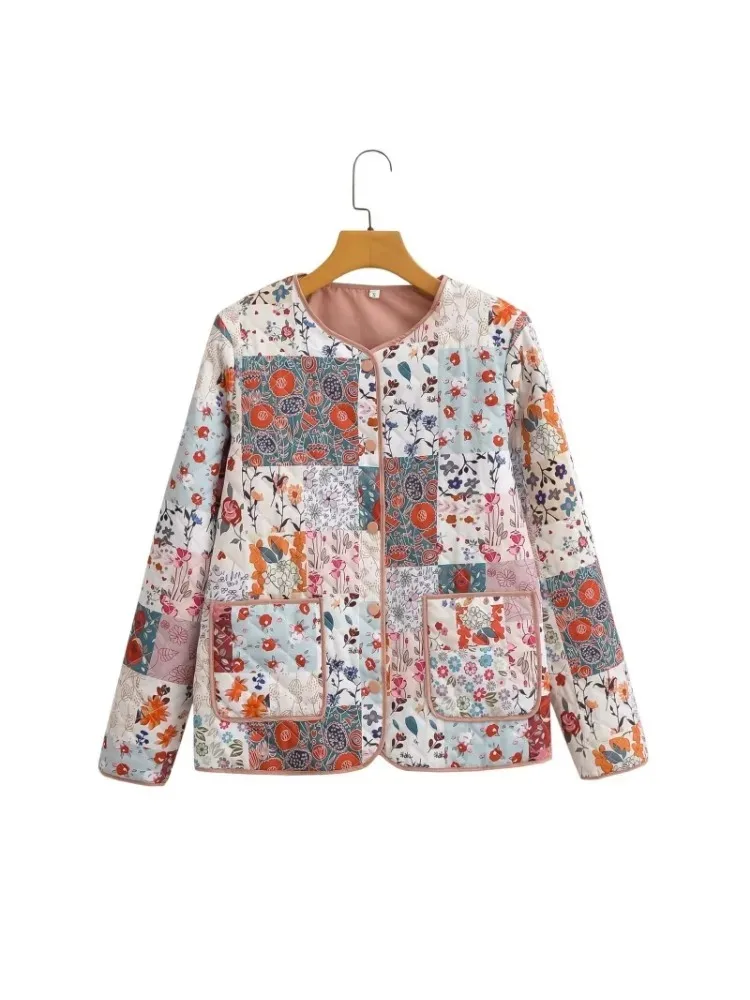 Women Fashion Floral Print Quilted Jacket O Neck Long Sleeve Female Single Breasted Open Front High Street Outcoat