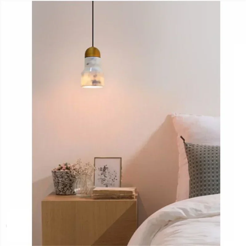 Nordic single-head chandelier simple post-modern restaurant bar decoration marble light luxury bedroom bedside small hanging lam