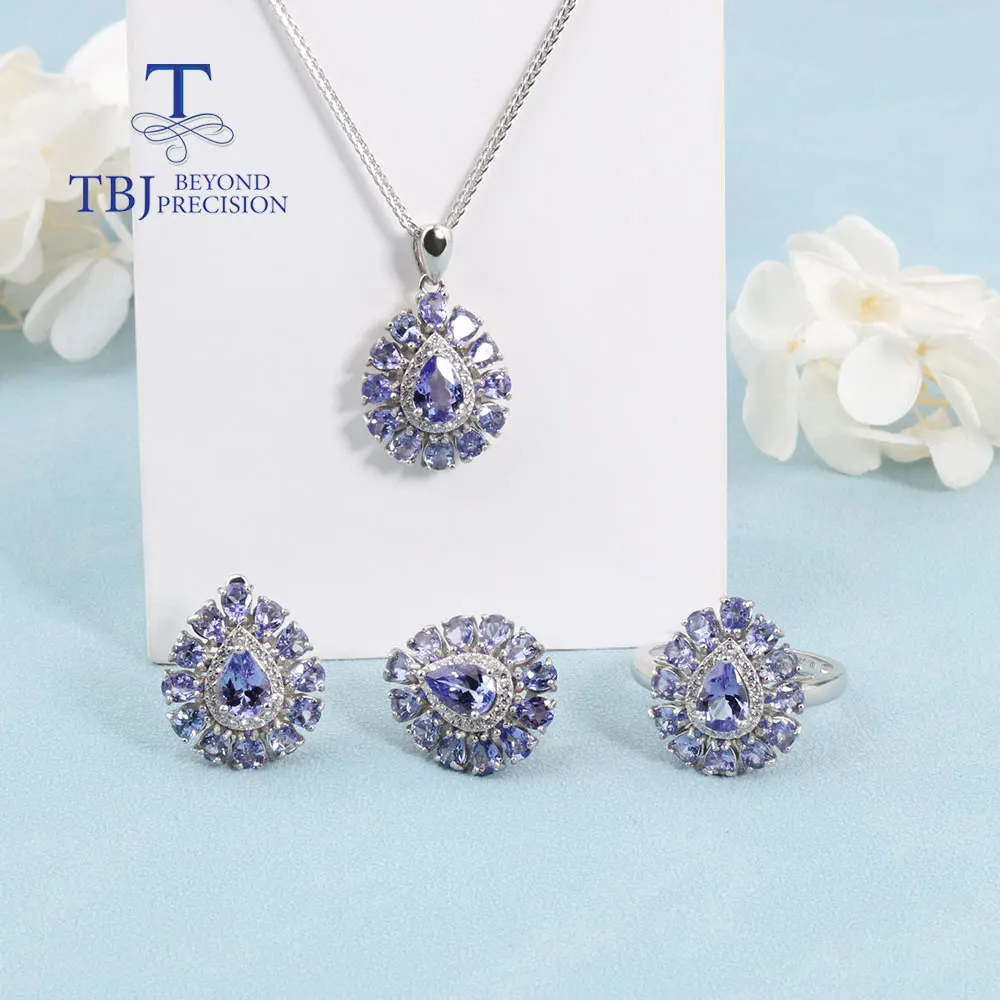 2023 New Natural blue Tanzanite Rings Earrings Necklace Jewelry set 925 sterling silver real gemstones for women wife nice gift