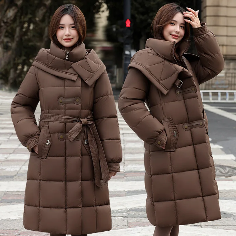 Women Parkas Coats Solid Hooded Jackets Zipper Pocket Waist Cinching Long Sleeves Longline Thick Office Lady Casual 2025 Winter