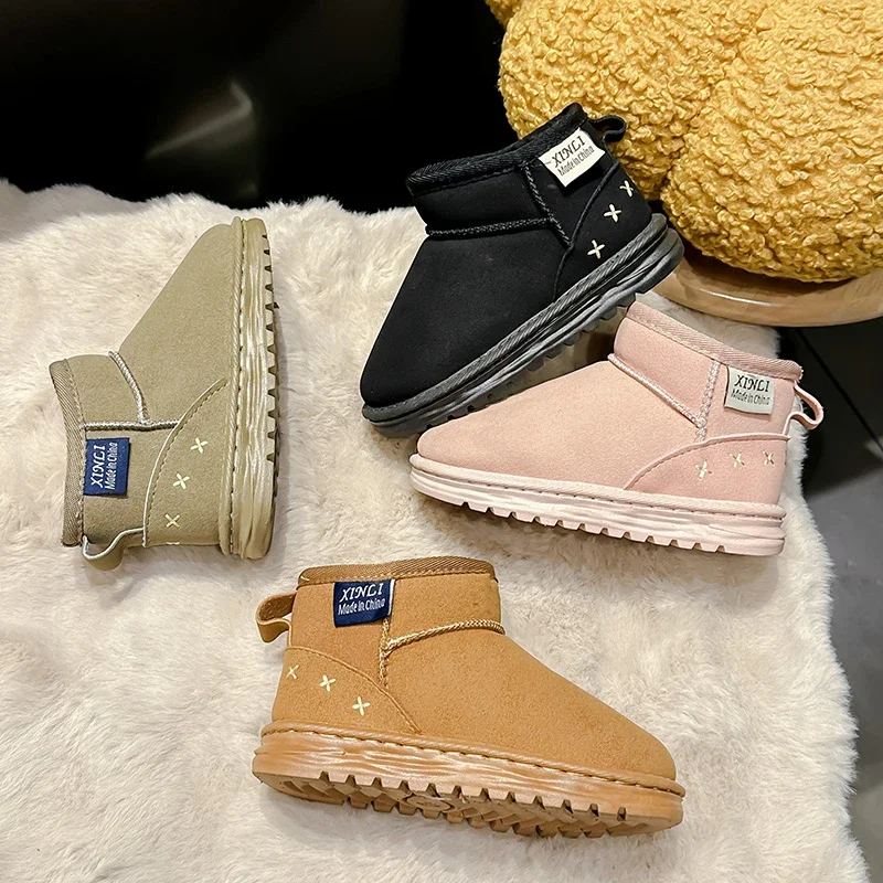 Unisex Kids Winter Suede‑Like Snow Boots, X Embroidery Fleece‑Lined Pull‑On Thick Anti‑Slip Sole Ankle Boots