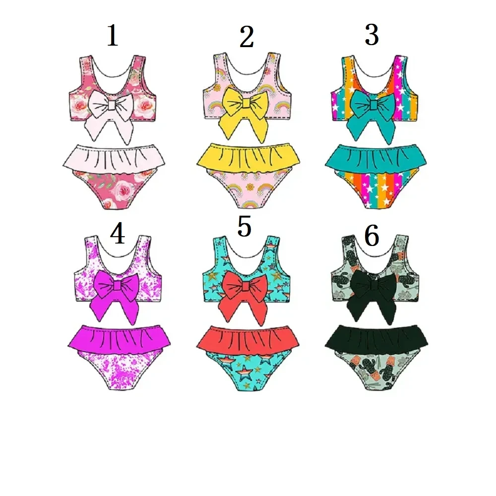 Conjunto de traje de baño infantil para niña, ropa de playa con lazo y estampado de estrellas de arcoíris rosa, boutique de verano