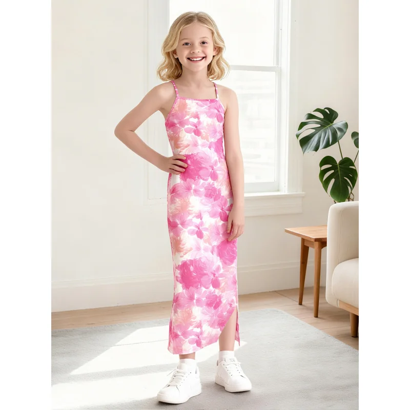 تصميم صيف 2025! فستان طويل بفتحة حبال للفتيات، ملابس أطفال عصرية بطبعة زهور وردية