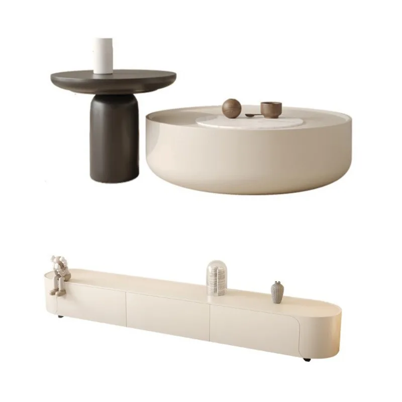 

Coffee table cream style household simple small tea table, large and small round coffee table TV cabinet combination
