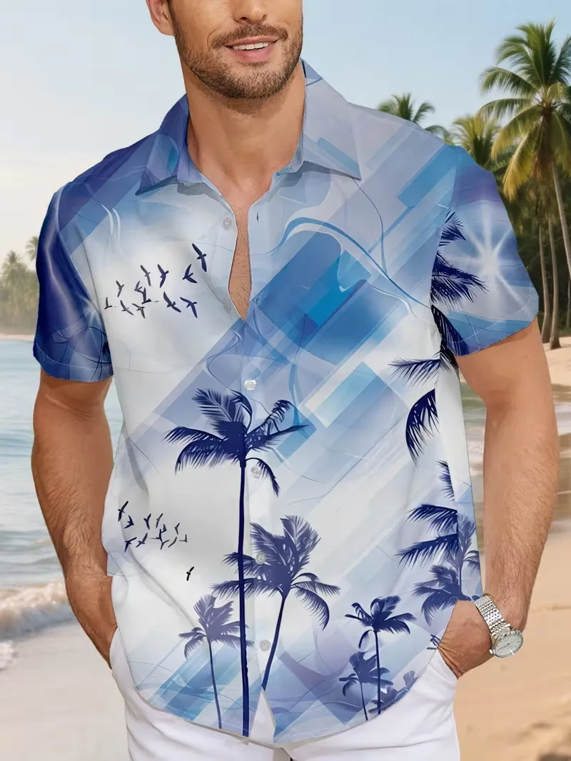 

Men's Blue Geometric Palm Tree Print Hawaiian Shirt Short Sleeve Bird Graphic Button Down Beach Shirt Vacation Aloha Shirts