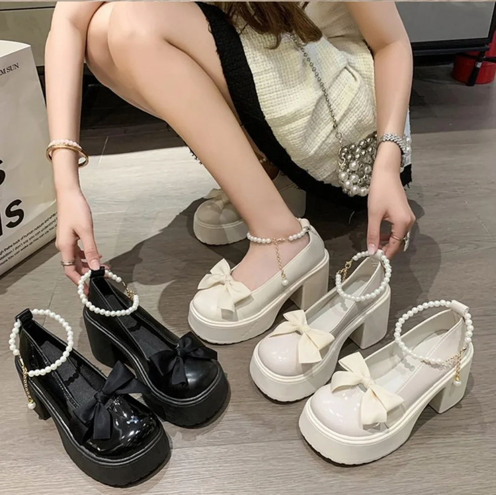 

Pearl Chain Thick-heeled High-heeled Leather Shoes Women's Pump 2025Spring French Mary Jane Shoes Women Chunky Party Wedding Sho