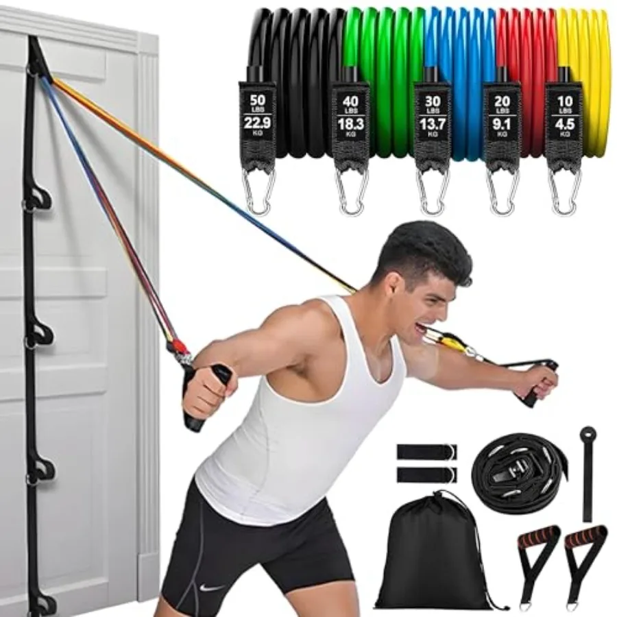 Resistance Bands Set with Door Anchor Training System 5 Colors Stackable up to 150LBS Includes 5-Angle Door Training Tool Home