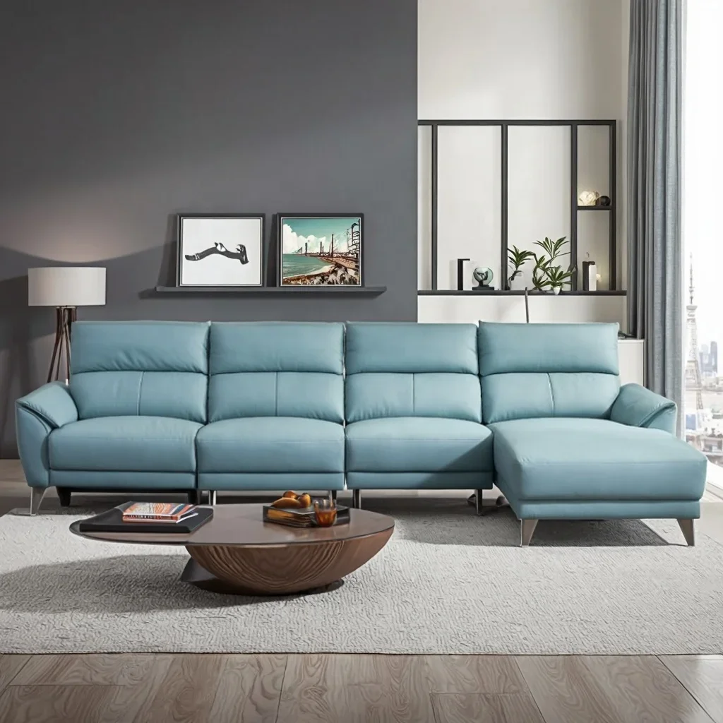 New Three Seat L-shaped Imperial Concubine Sofa Cowhide Genuine Leather Modular Wood Electric Recliner Modern Design Storage