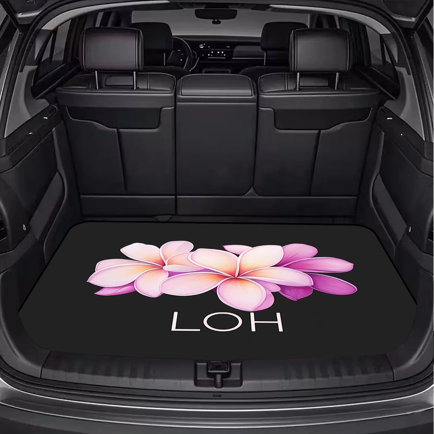 Car Trunk Mat, Black Background Plumeria LOH Letter Print Cargo Liner, Non-Slip Rear Trunk Protector, Women Car decor, Car Accessories, Interior Decoration Mat, Universal Fit For SUV Sedan Truck, Tropical F